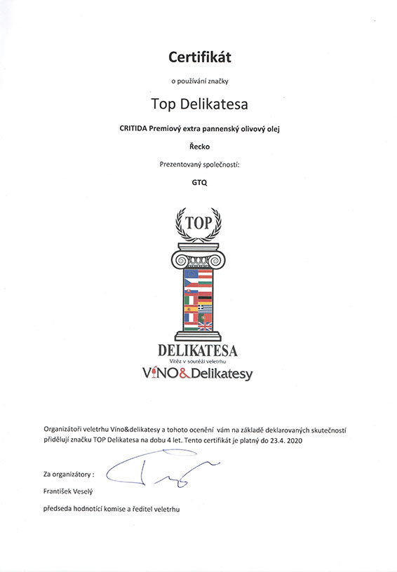 Certification of our premium EVOO Olive Oil Delicatessen from Crete Greece