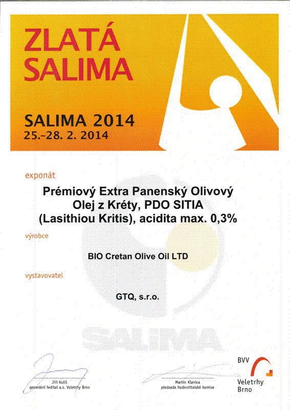 ZLATA SALIMA 2014 - PREMIO Premios de aceite de oliva AOVE Ecológico (BIO) para CRITIDA (de Creta Grecia)