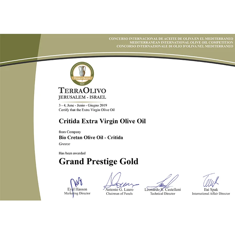 TERRAOLIVO Olive Oil AWARDS remporté en Israël - Huile d'olive EVOO de Crète Grèce - 2019