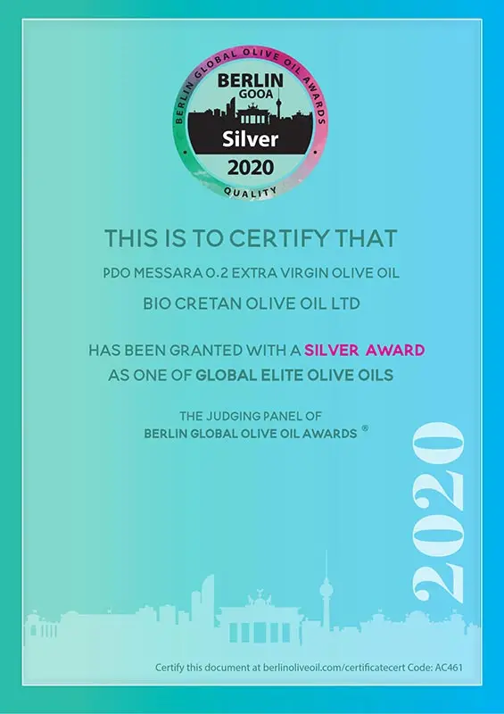 Награды за оливковое масло, полученные на международных конкурсах оливкового масла: BERLIN GOOA Germany