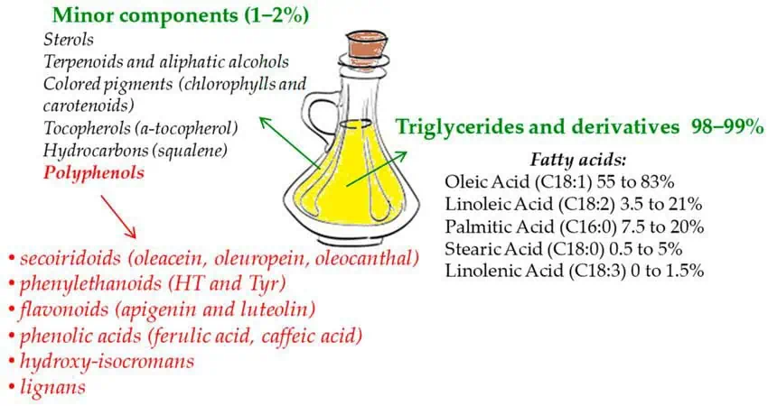 Inhaltsstoffe von nativem Olivenöl extra – (EVOO) Hauptbestandteile