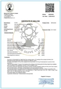 Certificate of our Extra Virgin Olive Oil Analysis in 2026