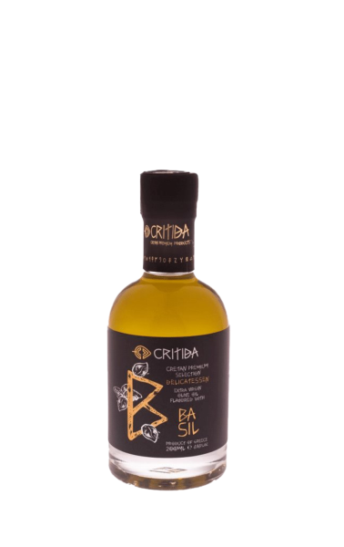 Ulei de măsline extravirgin grecesc (EVOO) din insula Creta, Grecia. EVOO aromat cu busuioc.