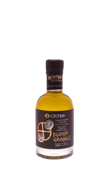 Görög extra szűz olívaolaj (EVOO) Kréta Görögország szigetéről. EVOO vérnarancs ízesítéssel.