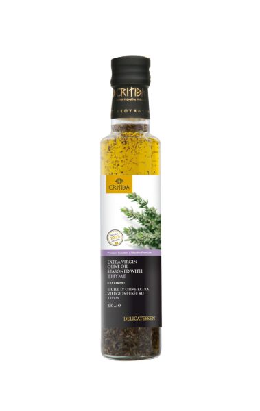 olio extravergine di oliva aromatizzato al timo dell'isola di Creta in Grecia