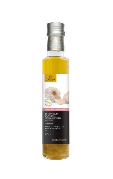 minyak zaitun EVOO berperisa bawang putih dari pulau Crete Greece
