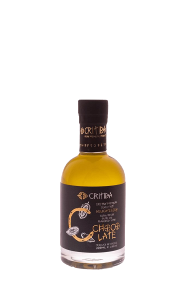 Greek Extra Virgin Olive Oil (EVOO) from the island of Crete Greece. EVOO flavored with chocolate.