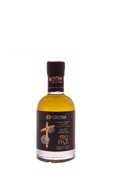 Graikiškas aukščiausios kokybės pirmojo spaudimo alyvuogių aliejus (EVOO) iš Kretos Graikijos salos. EVOO pagardintas triufeliais.