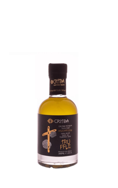 Görög extra szűz olívaolaj (EVOO) Kréta Görögország szigetéről. EVOO szarvasgombával ízesítve.