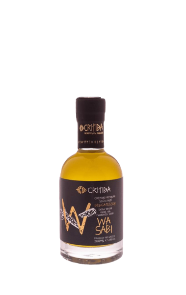 Griechisches natives Olivenöl extra (EVOO) von der Insel Kreta Griechenland. EVOO aromatisiert mit Wasabi.