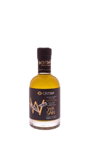 Graikiškas aukščiausios kokybės pirmojo spaudimo alyvuogių aliejus (EVOO) iš Kretos Graikijos salos. EVOO pagardintas wasabi.